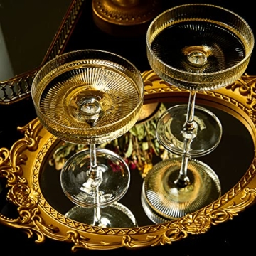 Vintage Art Deco Coupe Glasses Set - 7 oz Ribbed Crystal