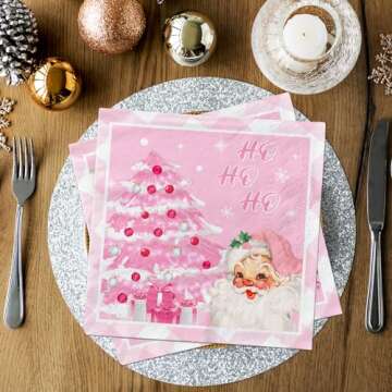 40pcs Christmas Napkins Decorations,Pink Merry Christmas Napkins, Santa Snowflake Napkins for Xmas Winter Holiday Party Christmas Birthday Party Supplies