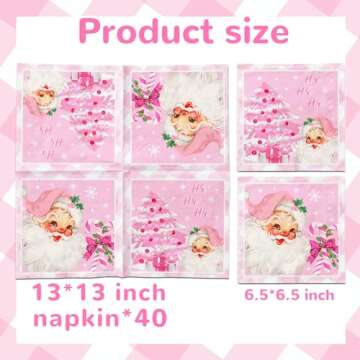 40pcs Christmas Napkins Decorations,Pink Merry Christmas Napkins, Santa Snowflake Napkins for Xmas Winter Holiday Party Christmas Birthday Party Supplies