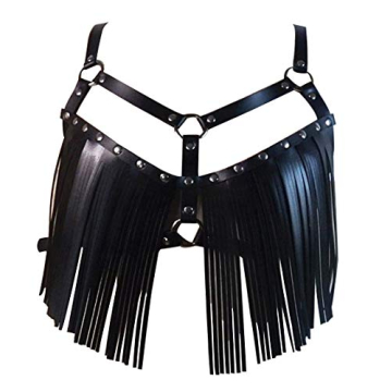 Women's Black Leather Body Chain Chest Harness Belt Fringe Tassels Suspender Waist Belt Adjustable