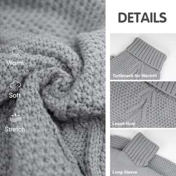 cyeollo Dog Sweaters Turtleneck Knitted Sweater with Leash Hole Winter Pet Clothes Dog Sweaters for Small Dogs, Grey M