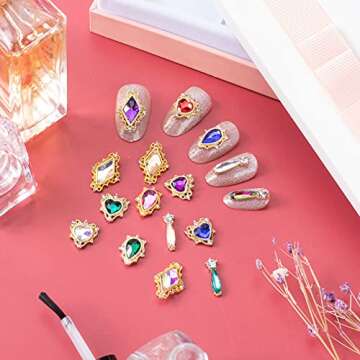 32Pcs Nail Art Heart Drop Rhinestones for Nails, Mix Sizes AB Iridescent 3D Crystals Diamonds Nail Art Heart Drop, Charms Metal Alloy Gold Rhinestone Nail Charms for Crafts DIY Nail Decorations