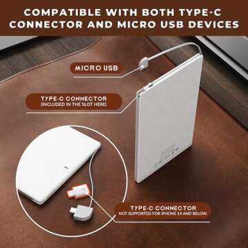 2500mAh Power Bank with Type C Adapter Mini,Back-up Phone Battery Pack Ultra Slim, Thin External Phone Battery Pack Emergency Phone Power Built-in Charging Cable for Android Type-C and Apple