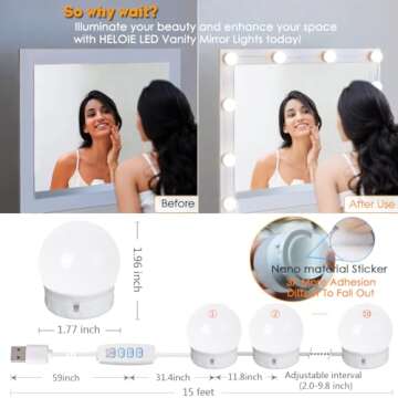 HELOIE Led Vanity Mirror Lights,15 Ft Vanity Lights for Makeup Dressing Mirror Lighting,10 Dimmable Bulbs,Adjustable Light Color & Brightness,USB Cable,Mirror not Included
