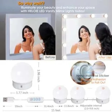 HELOIE Led Vanity Mirror Lights,15 Ft Vanity Lights for Makeup Dressing Mirror Lighting,10 Dimmable Bulbs,Adjustable Light Color & Brightness,USB Cable,Mirror not Included
