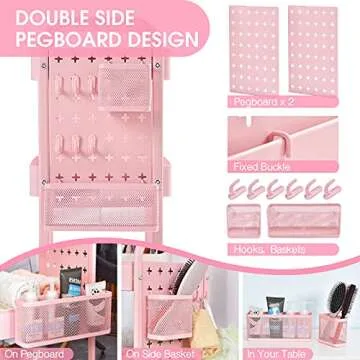 TOOLF 3-Tier Rolling Cart, Metal Utility Storage Cart with DIY Pegboards, Art Craft Trolley with Bas...