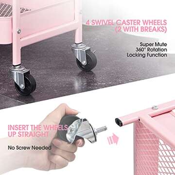 TOOLF 3-Tier Rolling Cart, Metal Utility Storage Cart with DIY Pegboards, Art Craft Trolley with Baskets Hooks, Organizer Serving Cart Easy Assemble for Office, Home, Kitchen, Classroom (Pink)