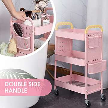 TOOLF 3-Tier Rolling Cart, Metal Utility Storage Cart with DIY Pegboards, Art Craft Trolley with Baskets Hooks, Organizer Serving Cart Easy Assemble for Office, Home, Kitchen, Classroom (Pink)