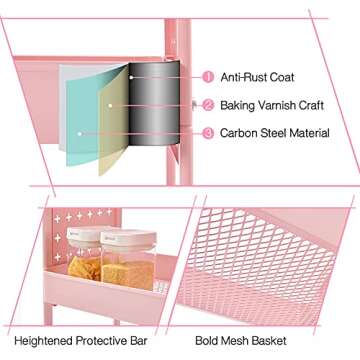TOOLF 3-Tier Rolling Cart, Metal Utility Storage Cart with DIY Pegboards, Art Craft Trolley with Baskets Hooks, Organizer Serving Cart Easy Assemble for Office, Home, Kitchen, Classroom (Pink)