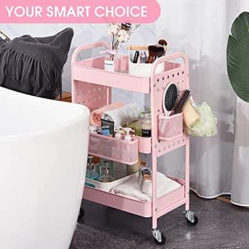 TOOLF 3-Tier Rolling Cart, Metal Utility Storage Cart with DIY Pegboards, Art Craft Trolley with Baskets Hooks, Organizer Serving Cart Easy Assemble for Office, Home, Kitchen, Classroom (Pink)