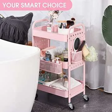 TOOLF 3-Tier Rolling Cart, Metal Utility Storage Cart with DIY Pegboards, Art Craft Trolley with Baskets Hooks, Organizer Serving Cart Easy Assemble for Office, Home, Kitchen, Classroom (Pink)