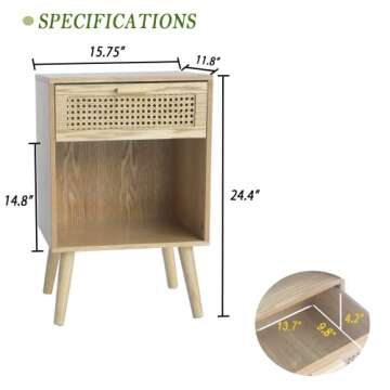 MaxSmeo Rattan Nightstand Small Side Table, End Table Living Room Modern Nightstand, Wood Nightstand with Drawers and Open Shelf (Natural Walnut)