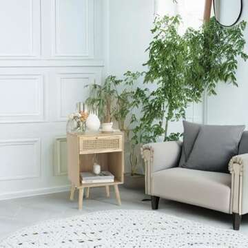 MaxSmeo Rattan Nightstand Small Side Table, End Table Living Room Modern Nightstand, Wood Nightstand with Drawers and Open Shelf (Natural Walnut)