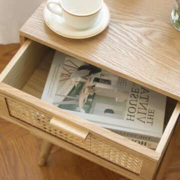 MaxSmeo Rattan Nightstand Small Side Table, End Table Living Room Modern Nightstand, Wood Nightstand with Drawers and Open Shelf (Natural Walnut)