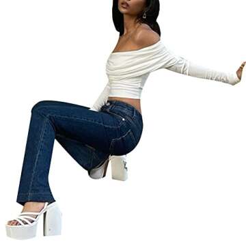 Women Off Shoulder Ruched Mesh Crop Top Sexy Flare Long Sleeve Bodycon T Shirt Y2K Pullovers Autumn Blouses Clubwear (White, S)