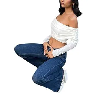 Women Off Shoulder Ruched Mesh Crop Top Sexy Flare Long Sleeve Bodycon T Shirt Y2K Pullovers Autumn Blouses Clubwear (White, S)