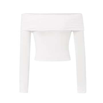 Women Off Shoulder Ruched Mesh Crop Top Sexy Flare Long Sleeve Bodycon T Shirt Y2K Pullovers Autumn Blouses Clubwear (White, S)