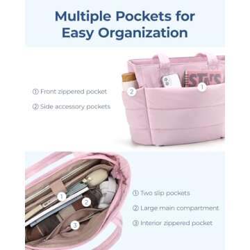 BAGSMART Tote Bag for Women, Lightweight Puffy Tote Bag with Compartments Shoulder Bag Handbag Quilted Shoulder Bag Handbag for Travel, Work, Beach, Gym, Shop (Pink)
