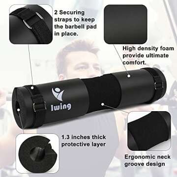 Iwing Squat Pad, Barbell Pad, Foam Sponge Cushion with Safety Straps, Neck Shoulder Support Protective Padding Squats Lunges Hip Thrusts, Gym Weight Lifting Fitness Padded Training Equipment(Black)