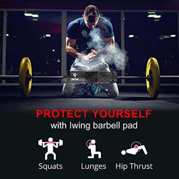 Iwing Squat Pad, Barbell Pad, Foam Sponge Cushion with Safety Straps, Neck Shoulder Support Protective Padding Squats Lunges Hip Thrusts, Gym Weight Lifting Fitness Padded Training Equipment(Black)