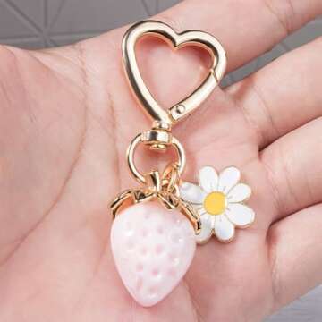 Wikavanli Cute Strawberry Keychain,Bag Charms,Kawaii Heart Flower Daisy Key chains Accessories Decor for Women Girls Purse Gift (Cute Strawberry, Light Pink)