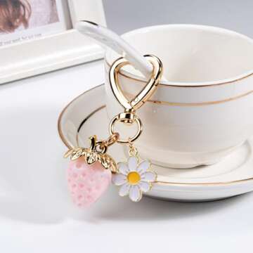 Wikavanli Cute Strawberry Keychain,Bag Charms,Kawaii Heart Flower Daisy Key chains Accessories Decor for Women Girls Purse Gift (Cute Strawberry, Light Pink)