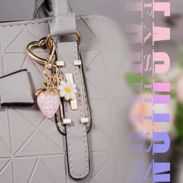 Wikavanli Cute Strawberry Keychain,Bag Charms,Kawaii Heart Flower Daisy Key chains Accessories Decor for Women Girls Purse Gift (Cute Strawberry, Light Pink)