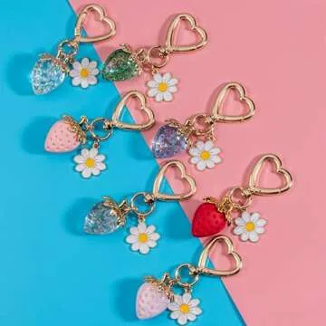 Wikavanli Cute Strawberry Keychain,Bag Charms,Kawaii Heart Flower Daisy Key chains Accessories Decor for Women Girls Purse Gift (Cute Strawberry, Light Pink)