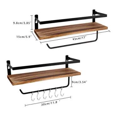 PHUNAYA Floating Shelves,Wall Mounted Shelf for Kitchen,Living Room,Bedroom,Bathroom Storage,Rustic Wood,Set of 2(Carbonized Black)