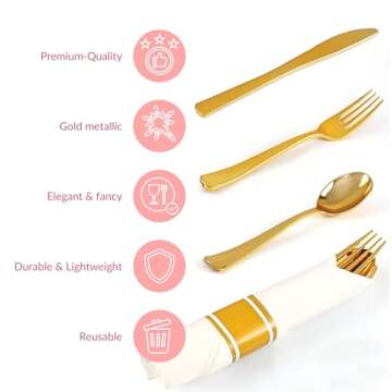 Prestee Elegant Gold Plastic Disposable Silverware Set