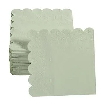 100 Pack Cocktail Napkin 2-Ply Scalloped Edged Dessert Napkins Folded 5 x 5 Inches Disposable Napkins for Dinner Wedding Birthday Party Bridal Anniversary Reception Event (Sage Green)
