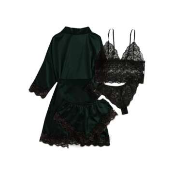 WDIRARA Women' Silk Satin Pajamas Set 4pcs Lingerie Floral Lace Cami Sleepwear with Robe Dark Green ...