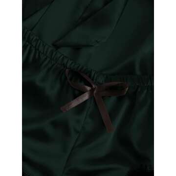 WDIRARA Women' Silk Satin Pajamas Set 4pcs Lingerie Floral Lace Cami Sleepwear with Robe Dark Green Black XS