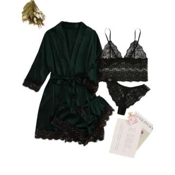 WDIRARA Women' Silk Satin Pajamas Set 4pcs Lingerie Floral Lace Cami Sleepwear with Robe Dark Green Black XS