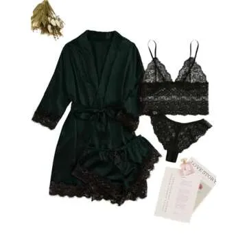 WDIRARA Women' Silk Satin Pajamas Set 4pcs Lingerie Floral Lace Cami Sleepwear with Robe Dark Green Black XS