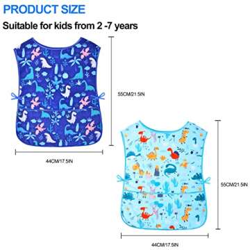Fiodrimy 2 Pack Kids Art Smock for Boys Girls, Dinosaur Waterproof Artist Painting Aprons, Sleeveless Children Art Smocks with Pockets for Age 2-7 Years