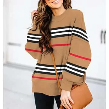 ETCYY Womens Sweaters Fall 2025 Batwing Long Sleeve Side Slit Knit Tops Crew Neck Striped Oversized Sweater Pullover,A Color Brown,Small