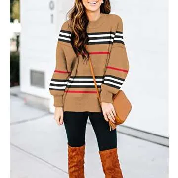 ETCYY Womens Sweaters Fall 2025 Batwing Long Sleeve Side Slit Knit Tops Crew Neck Striped Oversized Sweater Pullover,A Color Brown,Small