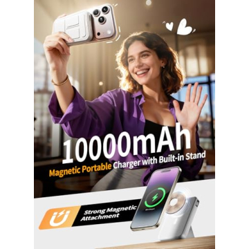 Gxorul Magnetic Portable Charger, 10000mAh Power Bank with Leather Foldable Stand - Travel Essential...