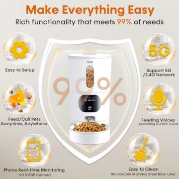 Automatic Cat Feeders Camera 5G: WiFi Easy to Clean Timed Smart Dog Food Dispenser 2-Way Audio Memor...