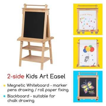 MEEDEN Art Easel for Kids - Solid Beechwood Kids Easel with Paper Roll - Art Easel with Chalkboard and Magnetic Whiteboard - Art Supplies for Kids - Natural