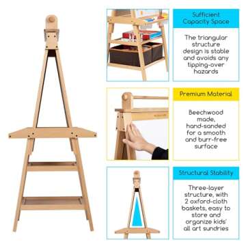 MEEDEN Art Easel for Kids - Solid Beechwood Kids Easel with Paper Roll - Art Easel with Chalkboard and Magnetic Whiteboard - Art Supplies for Kids - Natural