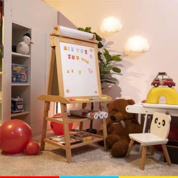 MEEDEN Art Easel for Kids - Solid Beechwood Kids Easel with Paper Roll - Art Easel with Chalkboard and Magnetic Whiteboard - Art Supplies for Kids - Natural