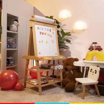 MEEDEN Art Easel for Kids - Solid Beechwood Kids Easel with Paper Roll - Art Easel with Chalkboard and Magnetic Whiteboard - Art Supplies for Kids - Natural