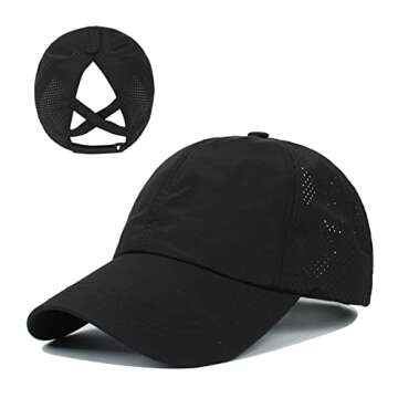 Upgraded Womens Criss Cross Ponytail Baseball Cap Adjustable High Messy Bun Ponycap Quick Drying Hat Trucker Hat Travle Hat A-Black
