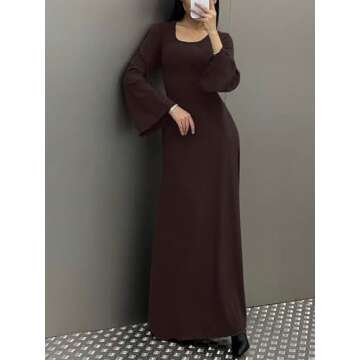 Women's Square Neck Maxi Dress Flounce Long Sleeves Ribbed Bodycon Back Tie Elegant Casual Soft Women Dress Brown S
