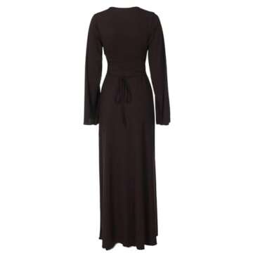 Women's Square Neck Maxi Dress Flounce Long Sleeves Ribbed Bodycon Back Tie Elegant Casual Soft Women Dress Brown S