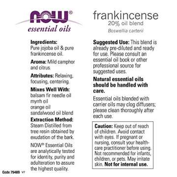 NOW Essential Oils, Frankincense Oil Blend, 20% Blend of Pure Frankincense Oil in Pure Jojoba Oil, C...