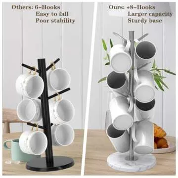 ZYZWTG Marble Mug Tree with 8 Hooks, Stainless Steel Coffee Cup Holder, Non-Slip Silicone Pads, Heavy Duty Marble Base, Countertop Organizer for Kitchen & Cafe, Silver