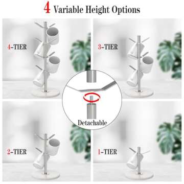 ZYZWTG Marble Mug Tree with 8 Hooks, Stainless Steel Coffee Cup Holder, Non-Slip Silicone Pads, Heavy Duty Marble Base, Countertop Organizer for Kitchen & Cafe, Silver